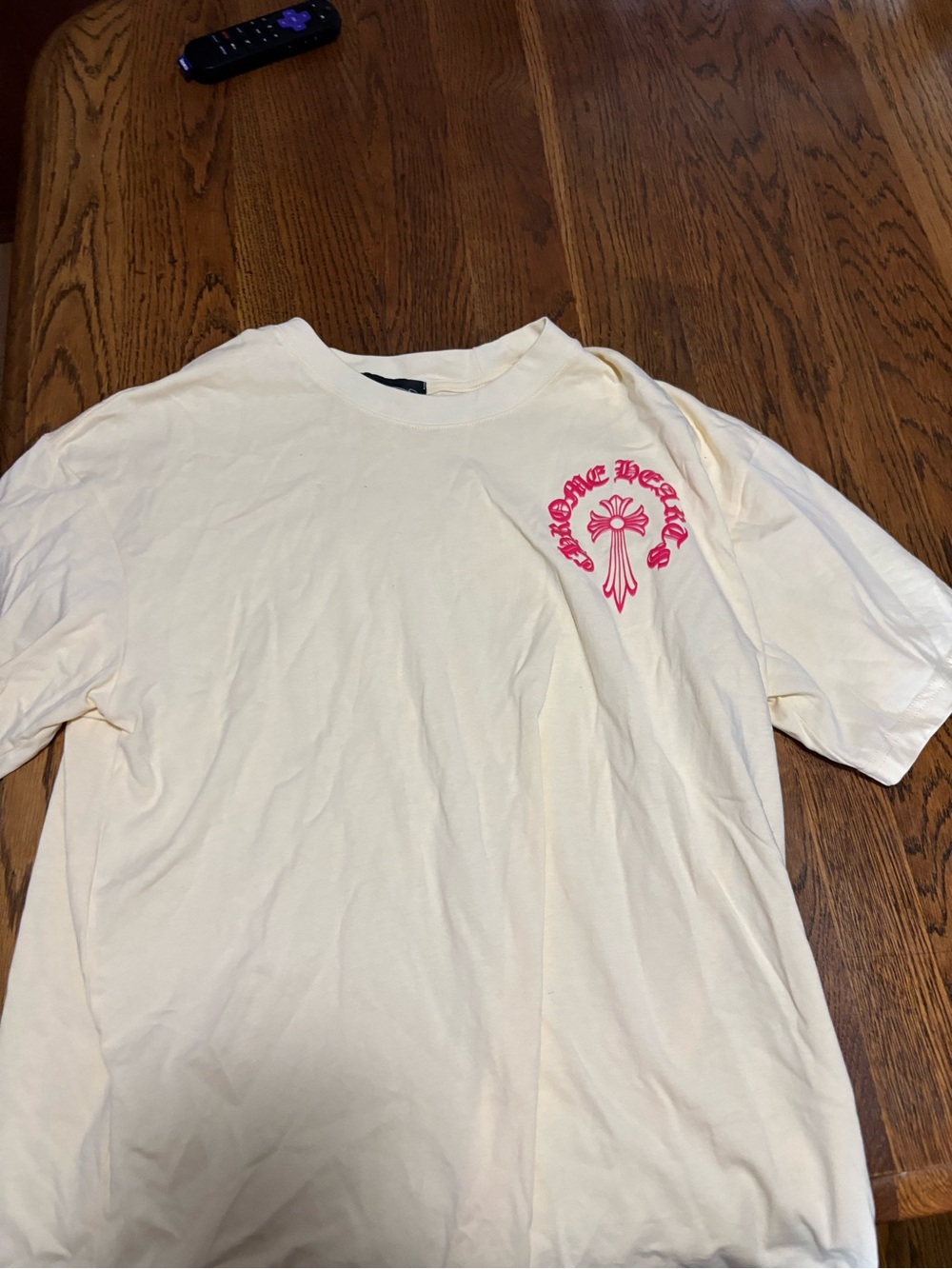 Chrome Hearts Cream Short-Sleeve Tee with Pink Chest Graphic